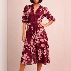 Floral Burgundy Midi A-Line Sheer Lining Dress